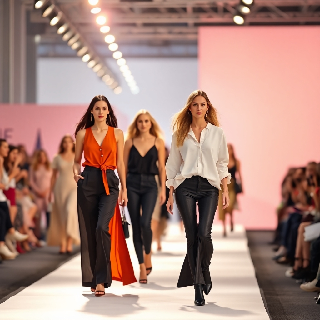 A photorealistic image, showcasing models walking a runway, showing off the latest trends in women's fashion. Bright lighting, a modern background.