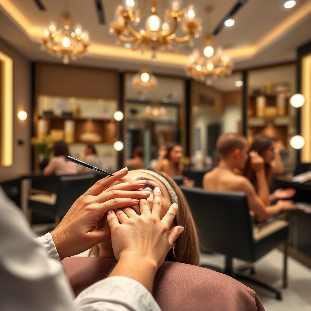 A photorealistic image showcasing a variety of beauty services offered in a unisex salon.  The image should include close-up shots of hands receiving a manicure, a person receiving a facial, and another getting their makeup done. The background should subtly showcase other services like hair styling and hair coloring.  The lighting should be soft and elegant, emphasizing the details and the luxurious feel of the salon. High resolution, 8k quality