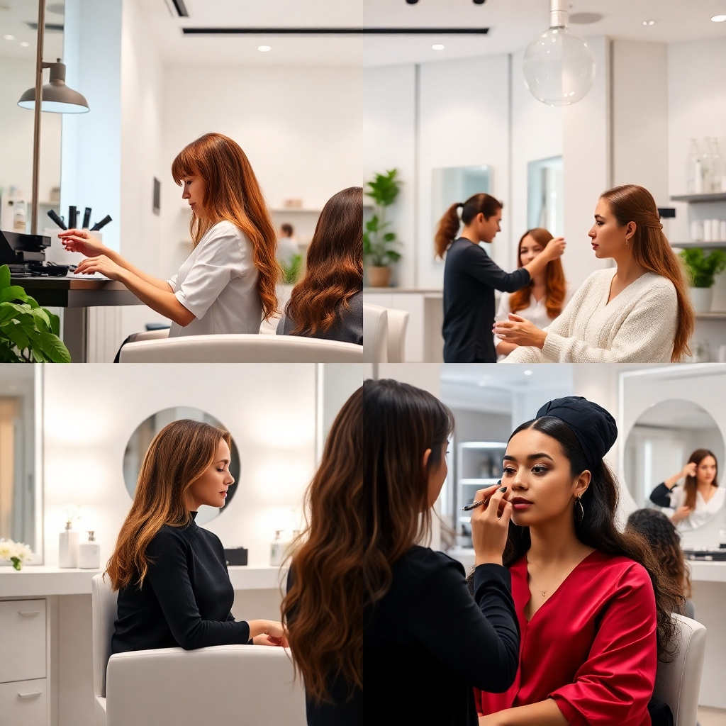 A photorealistic image showcasing a variety of beauty services in a clean and stylish unisex salon. One section shows a stylist performing a hair color treatment, another shows a skincare treatment, and a third section shows a makeup application, all with diverse clients. The overall atmosphere should be calm and luxurious.