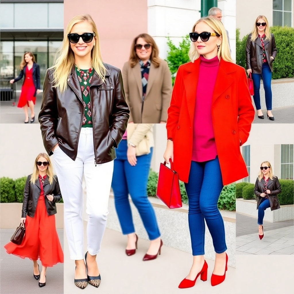 A stylized collage of images, highlighting several different looks and styles for various occasions and settings. Bold colors, various textures.