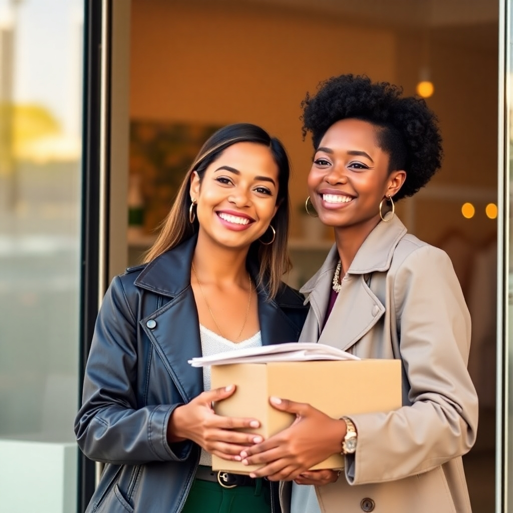 A stylized image of a happy customer receiving a delivery of their Fashion Fiasta order, smiling and looking stylish in the outfit. Soft lighting, bright colors.