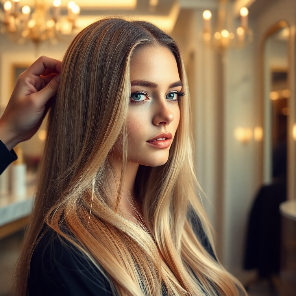 An ultra-detailed, hyperrealistic image showcasing a woman with long, flowing hair undergoing a balayage treatment in a brightly lit, luxurious salon. The lighting should be soft and diffused, with subtle highlights that accentuate the hair's texture and color. The color palette should feature a range of warm blonde tones, seamlessly blending into the natural base color. The salon setting should be elegant, with hints of gold and marble. The woman's expression should be serene and relaxed. The camera angle should be slightly elevated, providing a three-quarter view of the woman's face and hair.  The background should be softly blurred, focusing attention on the intricate details of the balayage. Style reference: Mario Testino's fashion photography. Focus on the hyperrealistic rendering of the hair texture, color gradient, and shine, ensuring ultra-high detail and vibrancy. The overall mood is luxurious, sophisticated and aspirational.