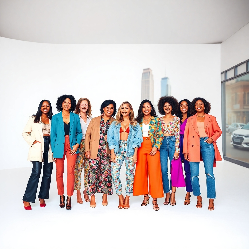 Create a photorealistic or stylized 4K image representing Fashion Fiasta's mission: to empower women through fashion. The image should feature a diverse group of women, each with their own unique style, smiling and confident. The background could be a minimalist white studio, or a vibrant city street scene, or a soft, natural scene - whatever best conveys a feeling of confidence and joy. The lighting should be bright and uplifting, emphasizing the positive emotions. The overall color palette could be bright and bold or pastel and soft, depending on your style preference. The image should convey a feeling of empowerment, confidence, and inclusivity.