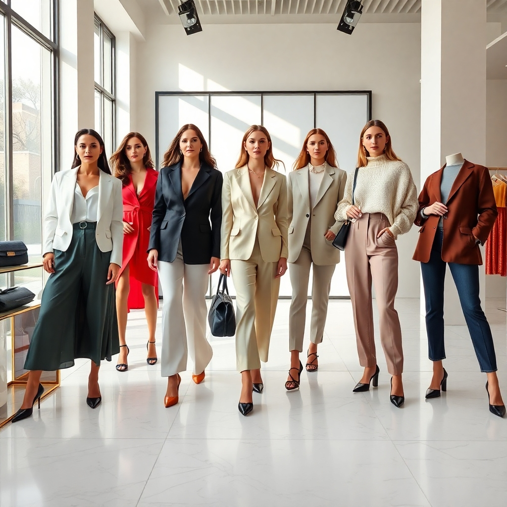 Create a photorealistic, ultra-high quality 8K resolution image for Fashion Fiasta, a women's fashion store.  The image should feature a diverse group of stylish women (3-4 models), each showcasing different aspects of the store's offerings.  The setting should be a modern, elegant boutique with soft, natural light streaming through large windows. The color palette should be sophisticated and vibrant, with pops of color against neutral backgrounds.  Think clean lines, luxurious textures (silk, velvet, leather), and an overall feeling of effortless chic. The camera angle should be slightly elevated, capturing the full length of the models.  Focus on the texture of the clothing – the flow of silk dresses, the sheen of a leather jacket, the knit of a cozy sweater.  The environment should be subtly luxurious, with hints of gold accents or marble flooring.  Relevant props might include stylish handbags, shoes, and jewelry displayed tastefully. Style references could include campaigns from brands like Celine, Max Mara, and Chloé, emphasizing minimalist elegance and high-quality materials.  The final image should be hyperrealistic, with impeccable detail and depth.