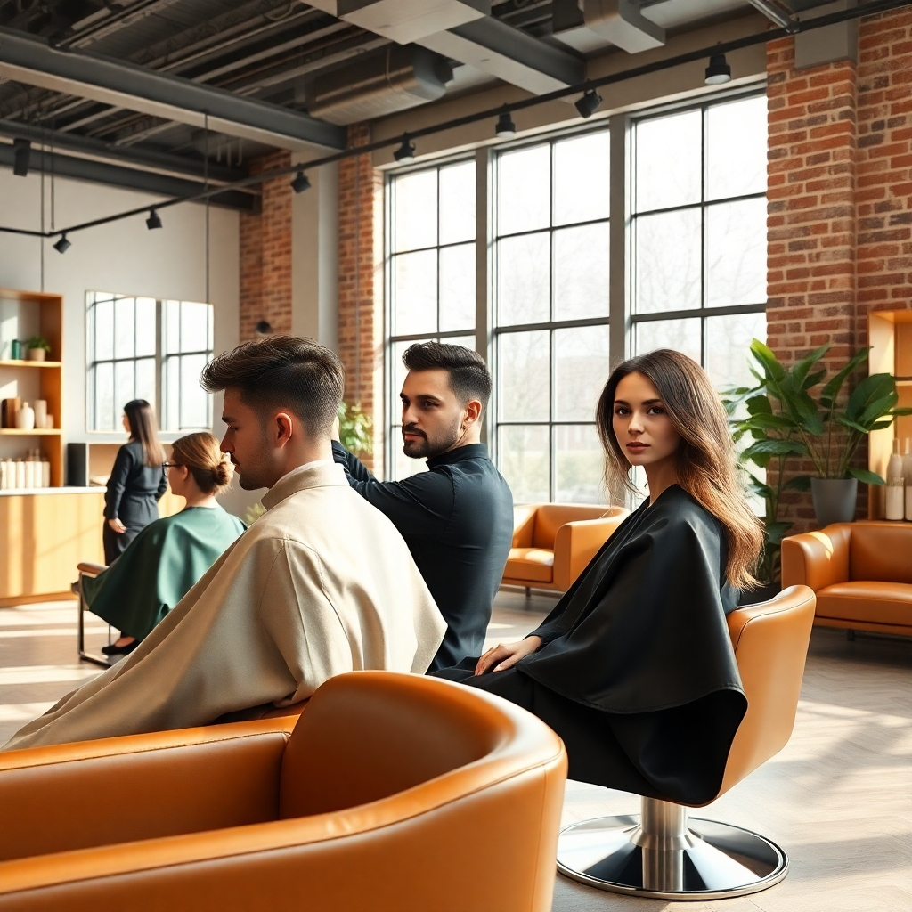 Create a photorealistic, ultra-high-quality 8K resolution header image for a unisex hair salon called Willow Hair Design.  The image should feature a stylish, modern salon interior with clean lines and natural light streaming through large windows.  The color palette should be warm and inviting, with neutral tones like beige, grey, and white accented by pops of deep emerald green and soft gold. The mood should be sophisticated yet relaxed, conveying a sense of calm and upscale comfort. The composition should showcase a diverse group of three clients (one male, two female) getting their hair styled by skilled barbers/stylists in the foreground, while the background subtly shows other stylish elements such as neatly organized styling stations, chic waiting area with comfortable seating, and tasteful decor. The camera angle should be slightly elevated, offering a wide, dynamic view of the salon's atmosphere.  Textures should be highly detailed – sleek, polished surfaces of the styling stations, soft and shiny hair, smooth leather seating, and the rough texture of exposed brick walls (if included in the background).  The lighting should be soft and natural, primarily from the large windows, with additional subtle fill lighting to eliminate harsh shadows.  The overall style should be inspired by high-end minimalist salons seen in magazines like Vogue and Elle Decor.  The image should feel hyperrealistic, with every detail meticulously rendered, achieving a level of visual fidelity that showcases the salon's high-end quality and attention to detail. Include subtle branding elements; for example, a Willow Hair Design logo subtly displayed on a shelf or in the background. Props like stylish hair products, high end tools, and beautiful plants can be used for enhancing the luxury and modern feel., ultra high resolution, photorealistic, 8K, hyperdetailed, cinematic lighting