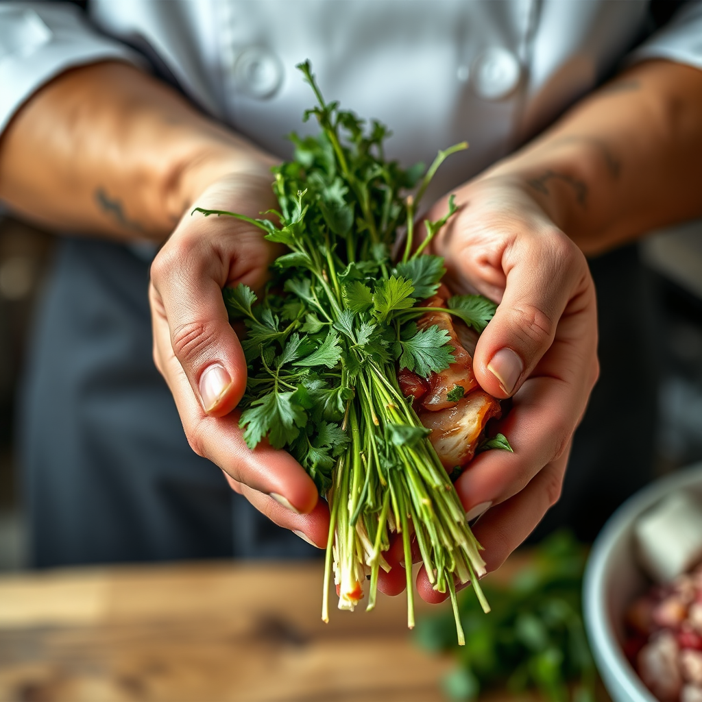 A close-up shot of a chef's hands holding fresh, seasonal ingredients, such as herbs, vegetables, or meat. Emphasize the natural colors and textures of the ingredients.