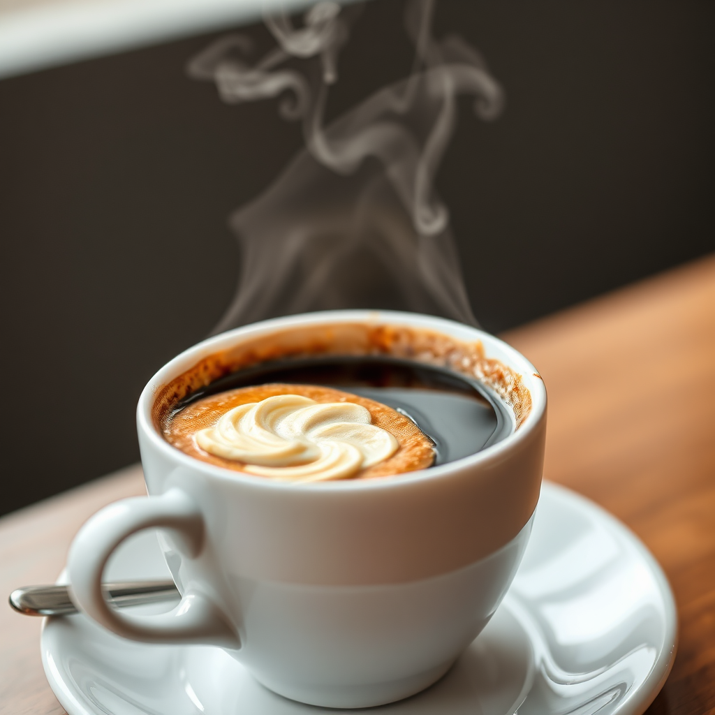 A close-up shot of a steaming cup of coffee with a beautifully decorated pastry. The background should be blurred to focus on the coffee and pastry.
