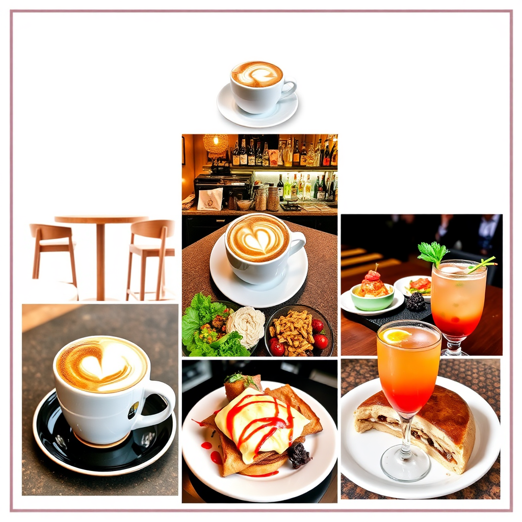 A collage-style image combining elements of a café, bar, and restaurant. Include images of coffee cups, cocktails, and various dishes, all presented in an appealing way.