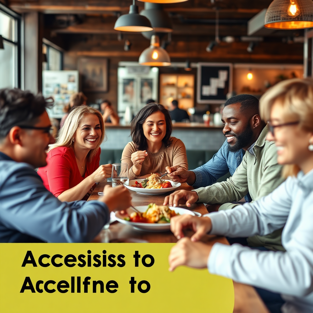 A group of diverse people enjoying a meal together, emphasizing that the restaurant is accessible to everyone.