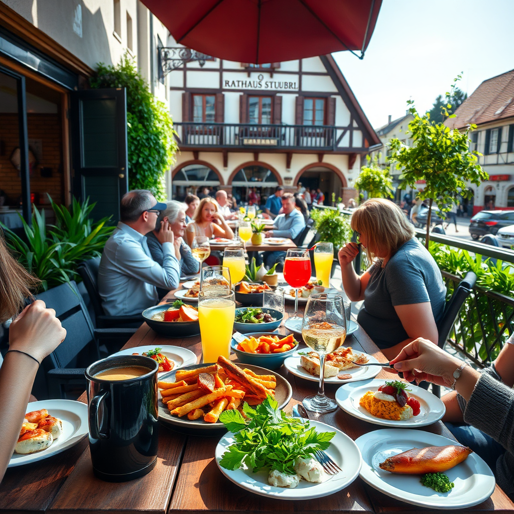 A photorealistic image showcasing a table on the terrace with a variety of dishes and drinks. Focus on the vibrant colors of the food and beverages, and the relaxed atmosphere of people enjoying themselves. Include elements like sunlight, plants, and a glimpse of the RathausStüberl building in the background.