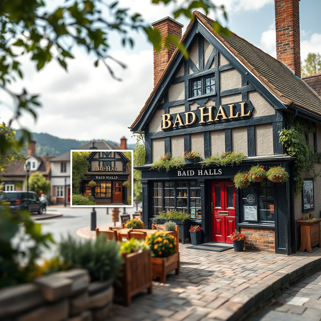 A picturesque representation of the BadHall area is pictured with a very tiny image of the establishment in the corner. The shot is styled to create a sense of charm.