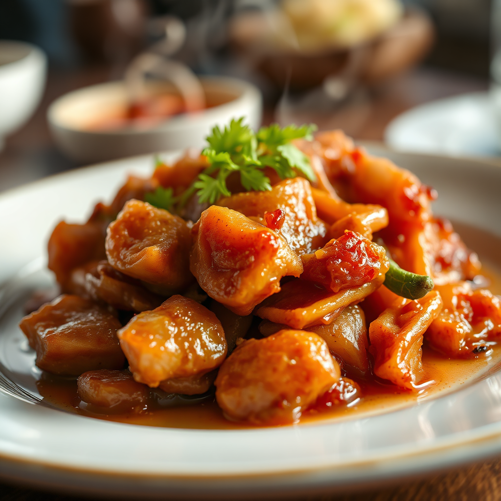 A steaming, beautifully plated dish, shot with a macro lens to showcase its texture and detail. Soft, warm lighting should emphasize the deliciousness and freshness.