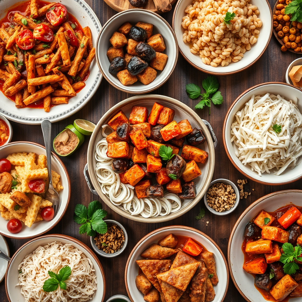 An overhead shot of a table filled with different dishes, representing the variety of flavors and textures available. Use a vibrant color palette to showcase the food's appeal.