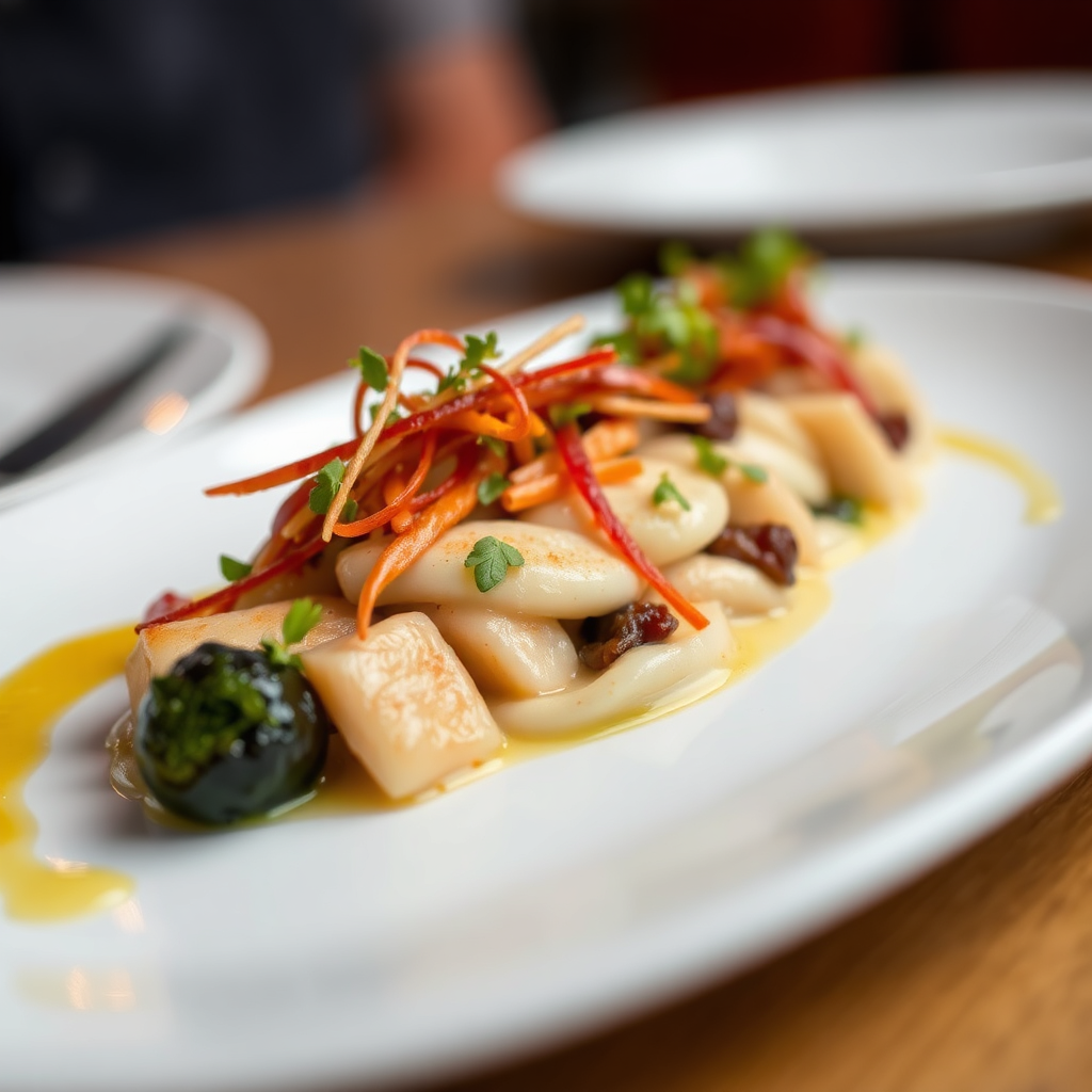 Close-up shot of a beautifully plated dish, showcasing the chef's attention to detail and the quality of the ingredients. Use shallow depth of field to emphasize the food and blur the background.