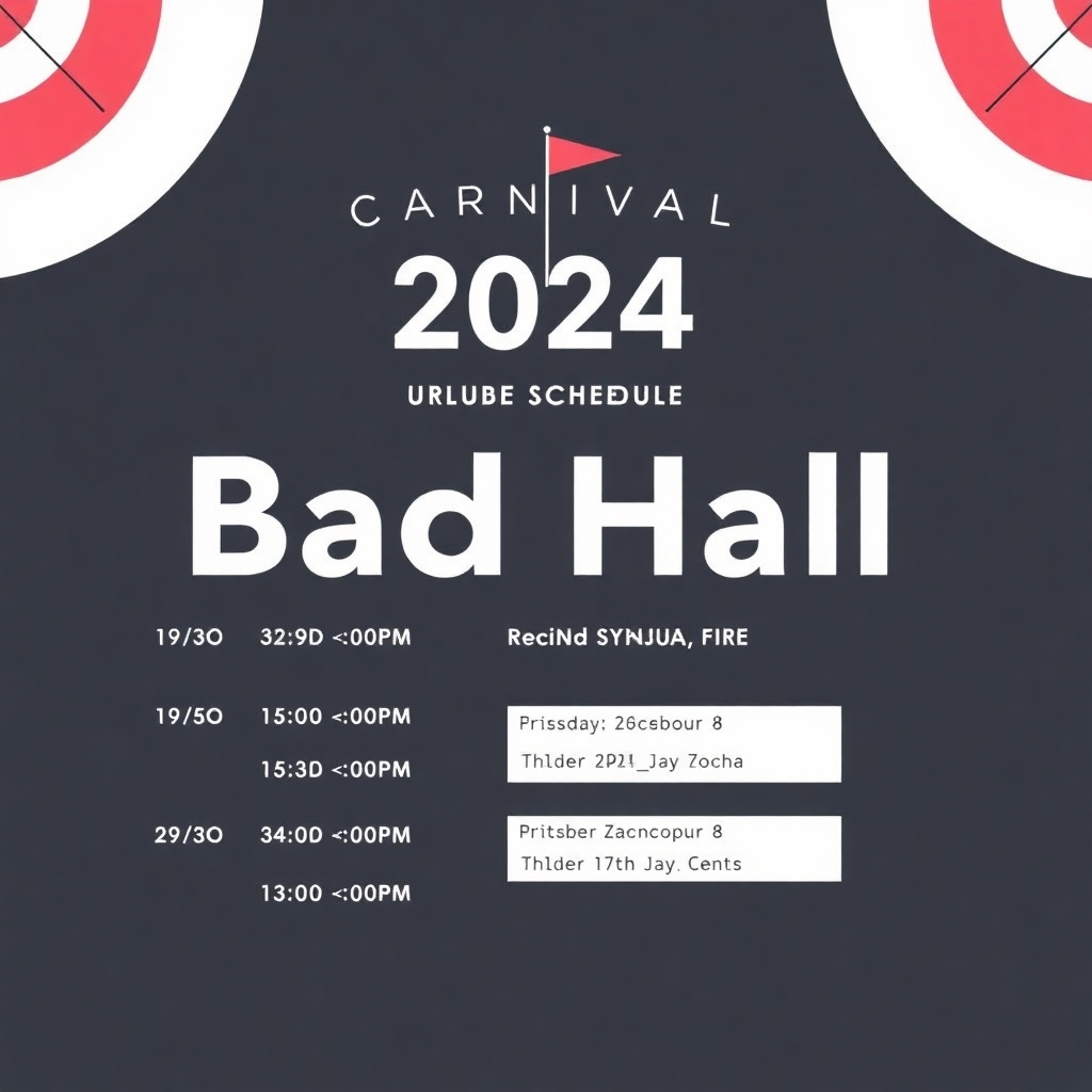 Create a clean and modern image representing the schedule for the 2024 Bad Hall Carnival, incorporating clear typography and minimalist graphics. Focus on readability and visual appeal, ensuring easy navigation and understanding of the event schedule.