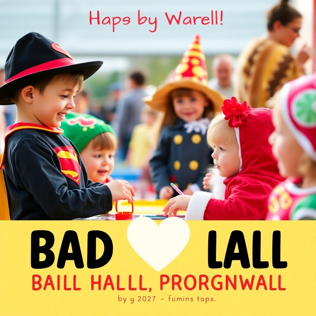 Create a heartwarming image portraying children enjoying the Bad Hall Carnival's children's program. Capture the energy and excitement of children in costumes, engaged in activities such as face painting or carnival games. The image should communicate fun and create a positive atmosphere.