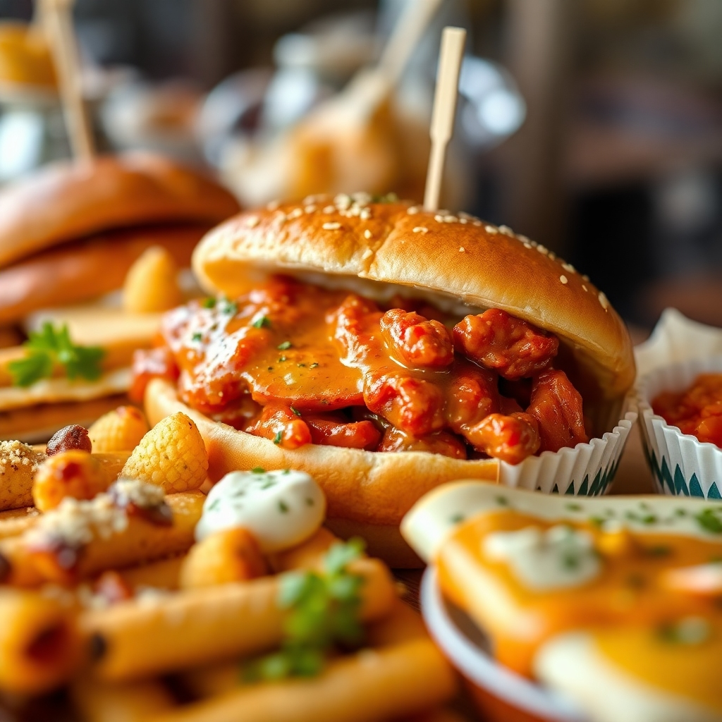 Create a mouth-watering photorealistic image showcasing the local culinary delights served at the Bad Hall Carnival. The composition should feature an appealing arrangement of food, with a focus on textures and color. The lighting should enhance the visual appeal and make the food look delicious and inviting.