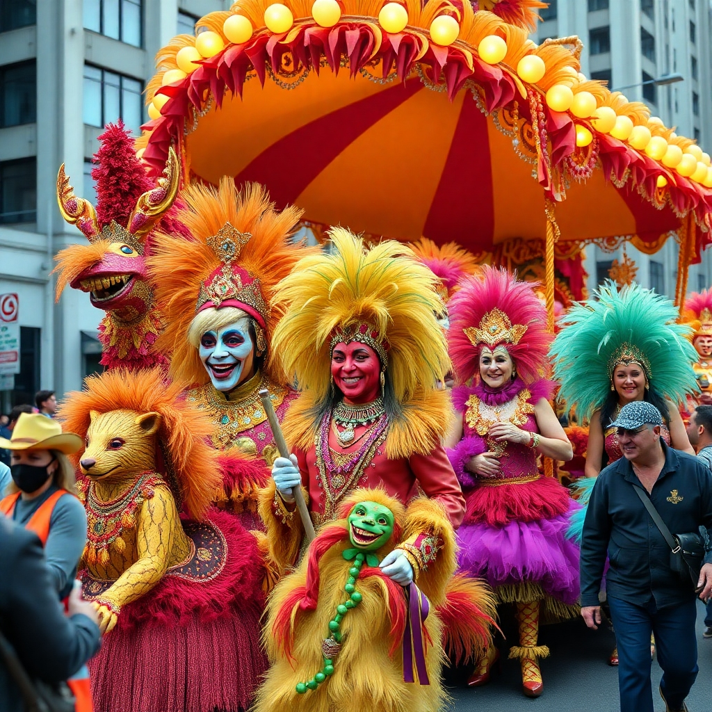 Create a photorealistic image focusing on the impressive floats and costumes featured in the Bad Hall Carnival parades. The image should capture the details and artistry of the floats, along with the vibrant costumes and expressions of the participants. High resolution is important to capture the scene's detail.