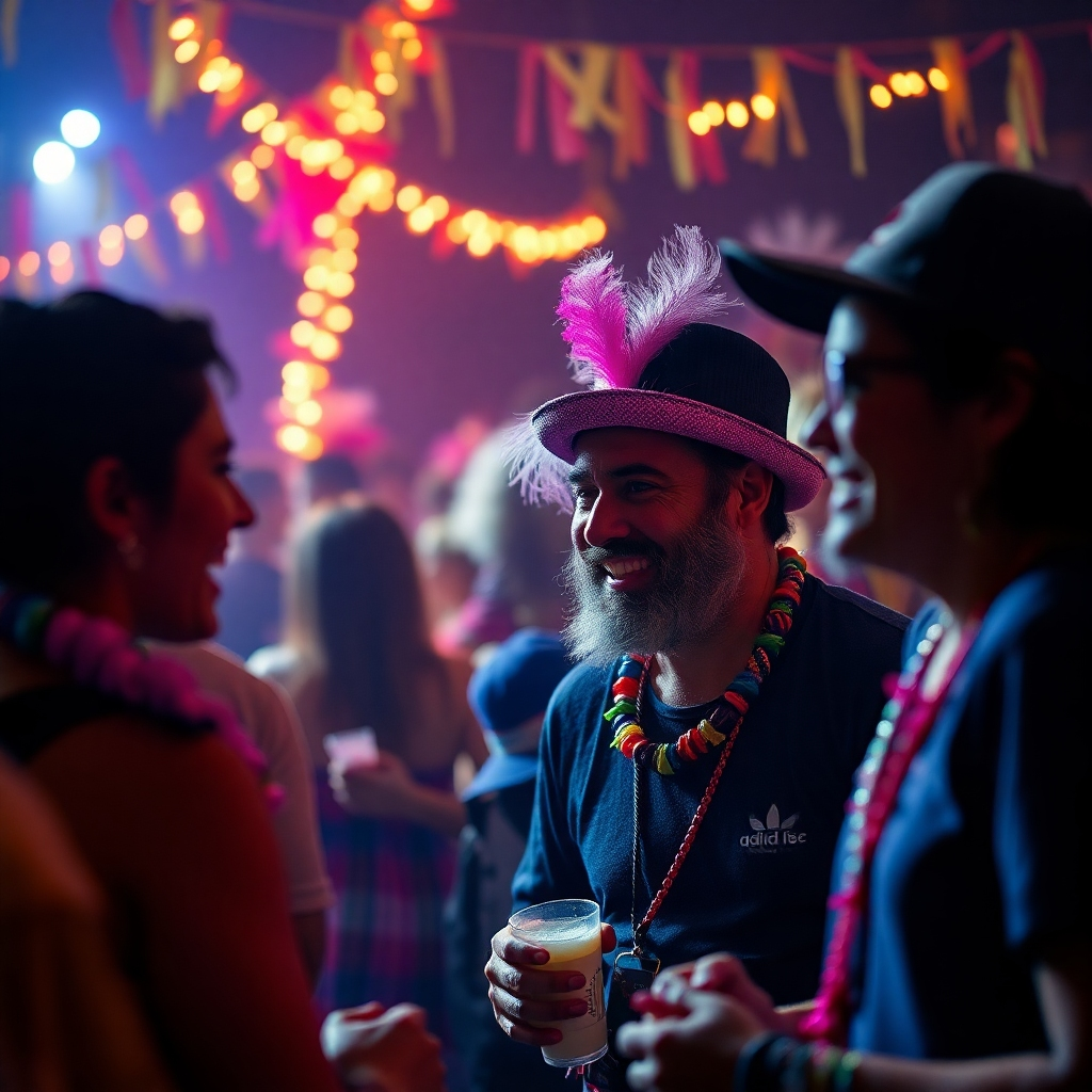 Create a photorealistic image capturing the vibrant atmosphere of the Bad Hall Carnival, focusing on the expressions and interactions of the people participating in the event. The image should convey the energy, excitement, and joy of the celebration. The resolution and lighting should create a vivid and unforgettable scene.
