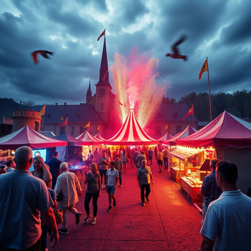 Create a photorealistic image showcasing a selection of exciting events during the Bad Hall Carnival. The composition should be dynamic and engaging, emphasizing the vibrant atmosphere and the variety of activities. The resolution should be high enough to reveal all the details and textures, ensuring visual richness.