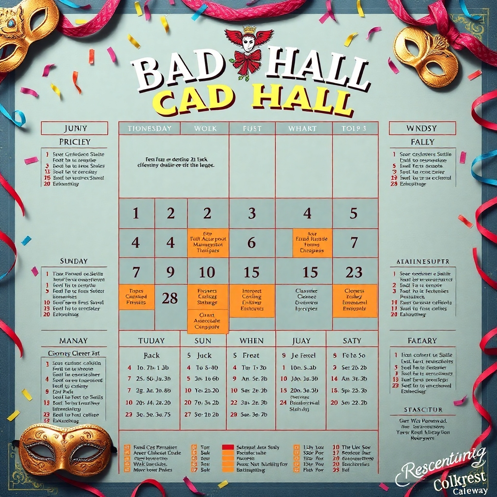 Create a photorealistic image of a detailed Bad Hall Carnival calendar, with important dates clearly marked and visual elements, like masks or confetti, incorporated.  The color scheme should evoke a sense of celebration and anticipation. The image should be high-resolution and clear, showcasing all the details in a user-friendly manner.
