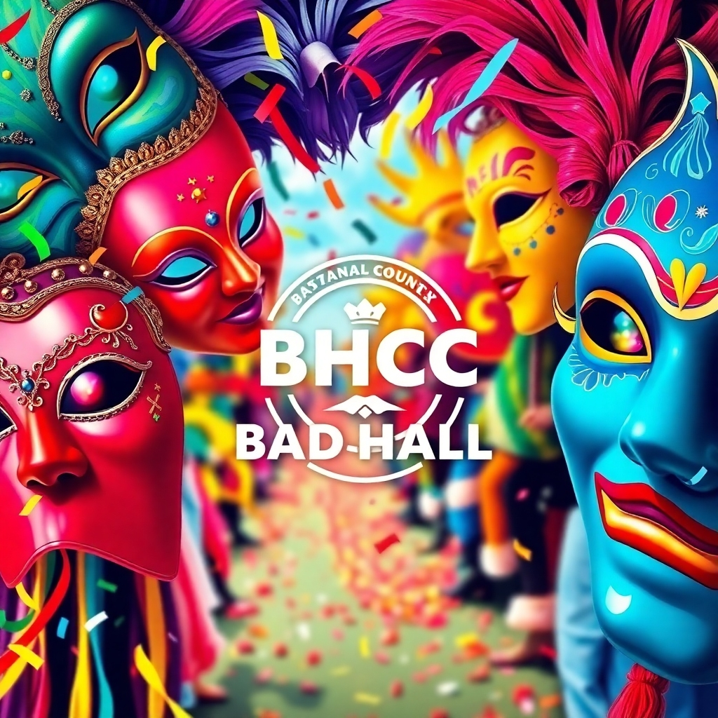 Create a stylized image, in 4K resolution, capturing the essence of BHCC Bad Hall. The image could be a vibrant collage of elements representing the Carnival: colorful masks, confetti, a glimpse of a festive parade, and perhaps a stylized logo for BHCC Bad Hall incorporated seamlessly. The color palette should be bright and celebratory. The composition could be arranged in a circular pattern, suggesting a continuous cycle of fun and festivity. The style should evoke a sense of dynamism and joy, similar to mid-century modern poster art.  The image should aim to convey the essence of celebration and community spirit, capturing the unique atmosphere of Carnival in Bad Hall.