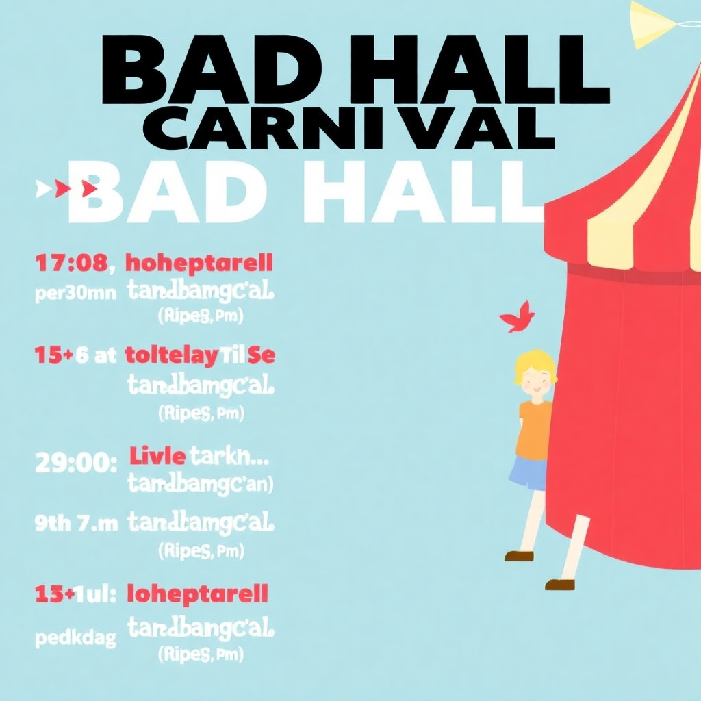 Create a stylized image representing the Bad Hall Carnival schedule, possibly using a combination of illustrative elements and typography. The colors should be bright and festive, capturing the atmosphere of the celebration. The style could be playful and dynamic, conveying the enthusiasm and energy of the event.