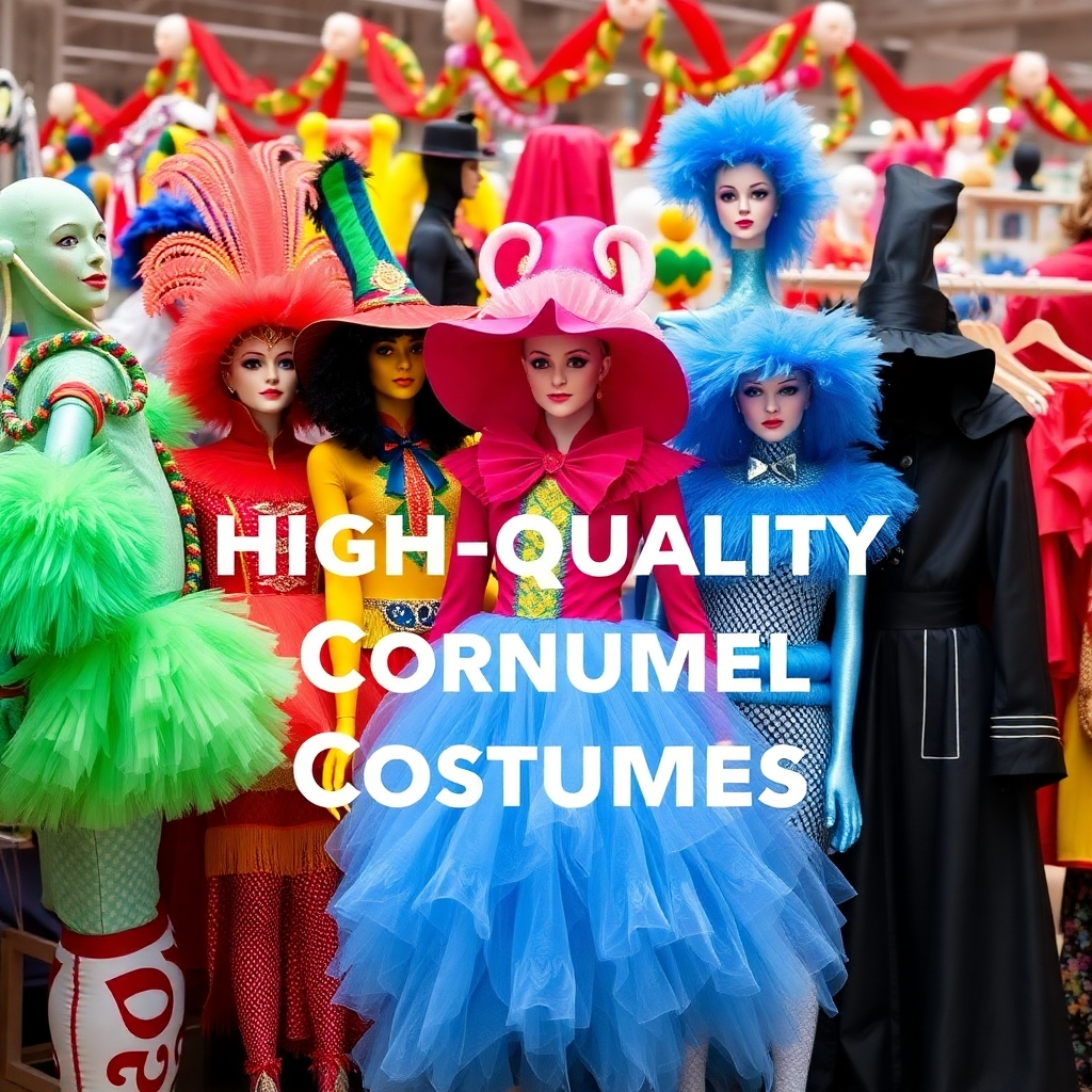 Create a vibrant image showcasing a wide variety of high-quality carnival costumes available for rent. The image should feature attractive displays of the costumes, highlighting their details and variety. Pay close attention to the colors, textures, and overall presentation to create an inviting and appealing visual.