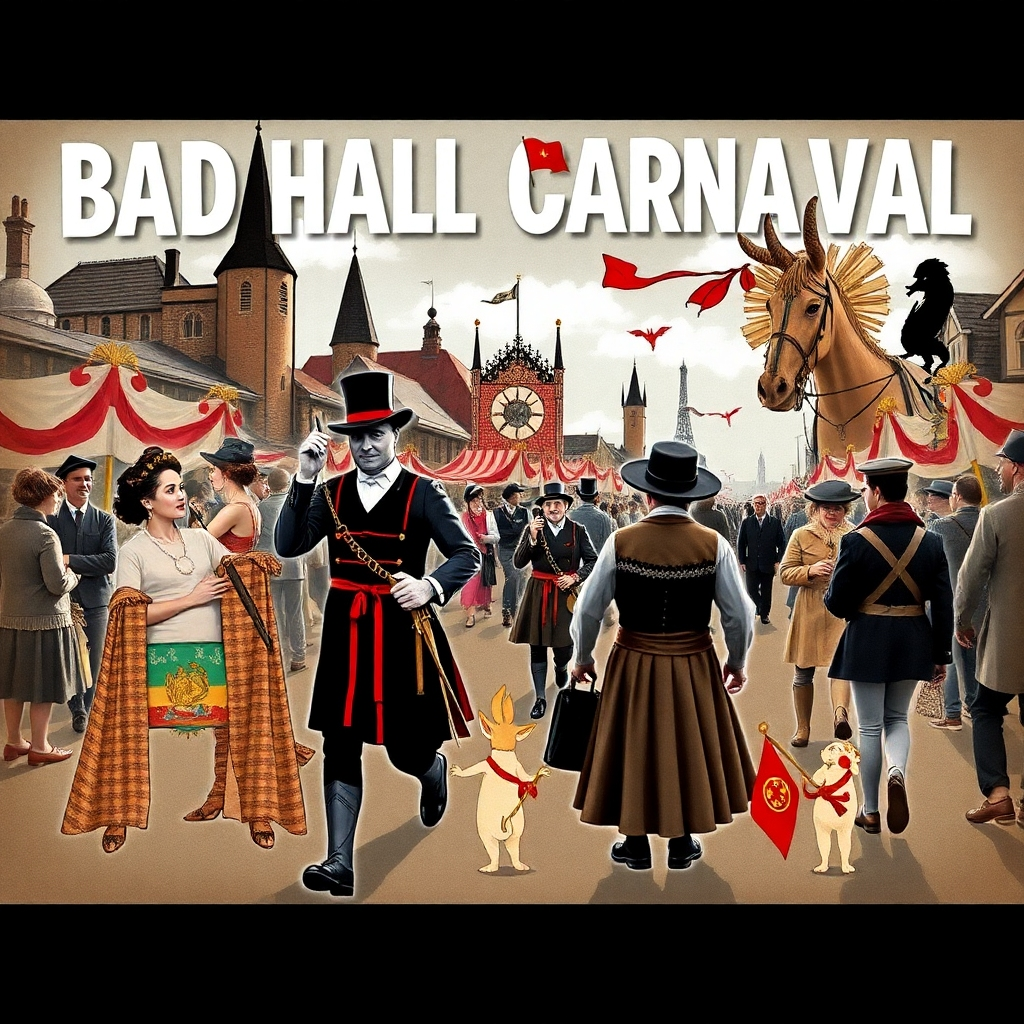 Create an image that combines photorealistic elements with stylized illustrations representing the long-standing traditions of the Bad Hall Carnival. This could include symbolic imagery mixed with real-life photos of the event, showcasing both the historical and contemporary aspects.
