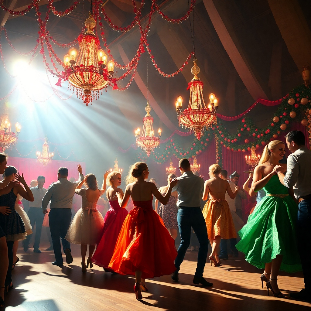 Generate a photorealistic image conveying the joy and energy of a carnival ball in Bad Hall. The image should feature dancers in costumes, celebratory lighting, and decorative elements. The overall effect should be lively and festive.