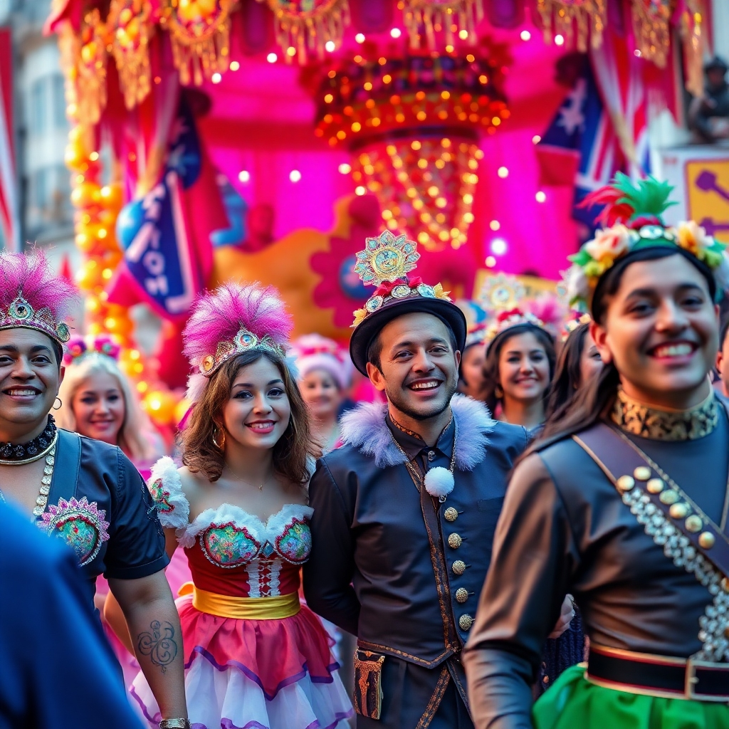 Generate a photorealistic image showcasing one of the most spectacular moments of the Bad Hall Carnival, such as a grand parade with colorful floats. Pay close attention to detail, including the vibrant costumes, cheerful atmosphere, and the expressions of the participants. The resolution should be high enough to clearly show all the details of the scene. Ensure a lively and festive ambiance.