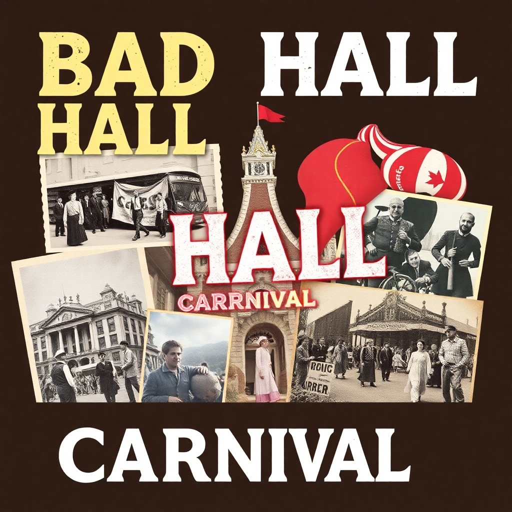 Generate an image that combines historical photographs and stylized elements to illustrate the rich history of the Bad Hall Carnival. Use a collage-like composition to integrate old photos with modern graphics, creating a visually compelling narrative that reflects the Carnival's evolution over time.