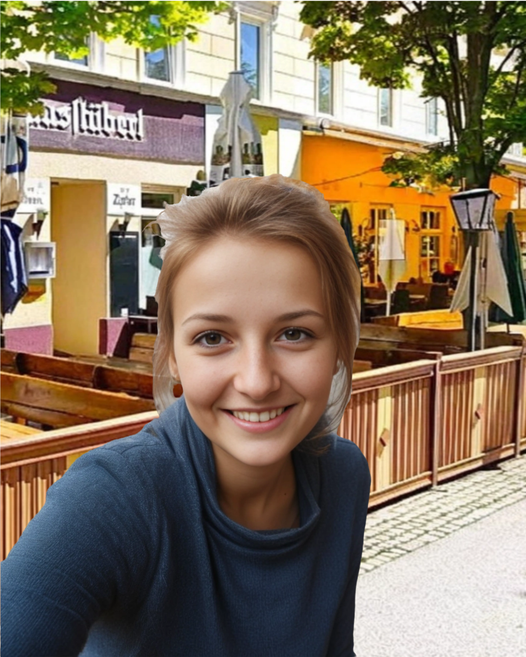 An aerial view of the terrace, filled with people enjoying the sunshine. Focus on the arrangement of tables and chairs, the greenery, and the overall inviting atmosphere. Capture the feeling of a perfect summer day.