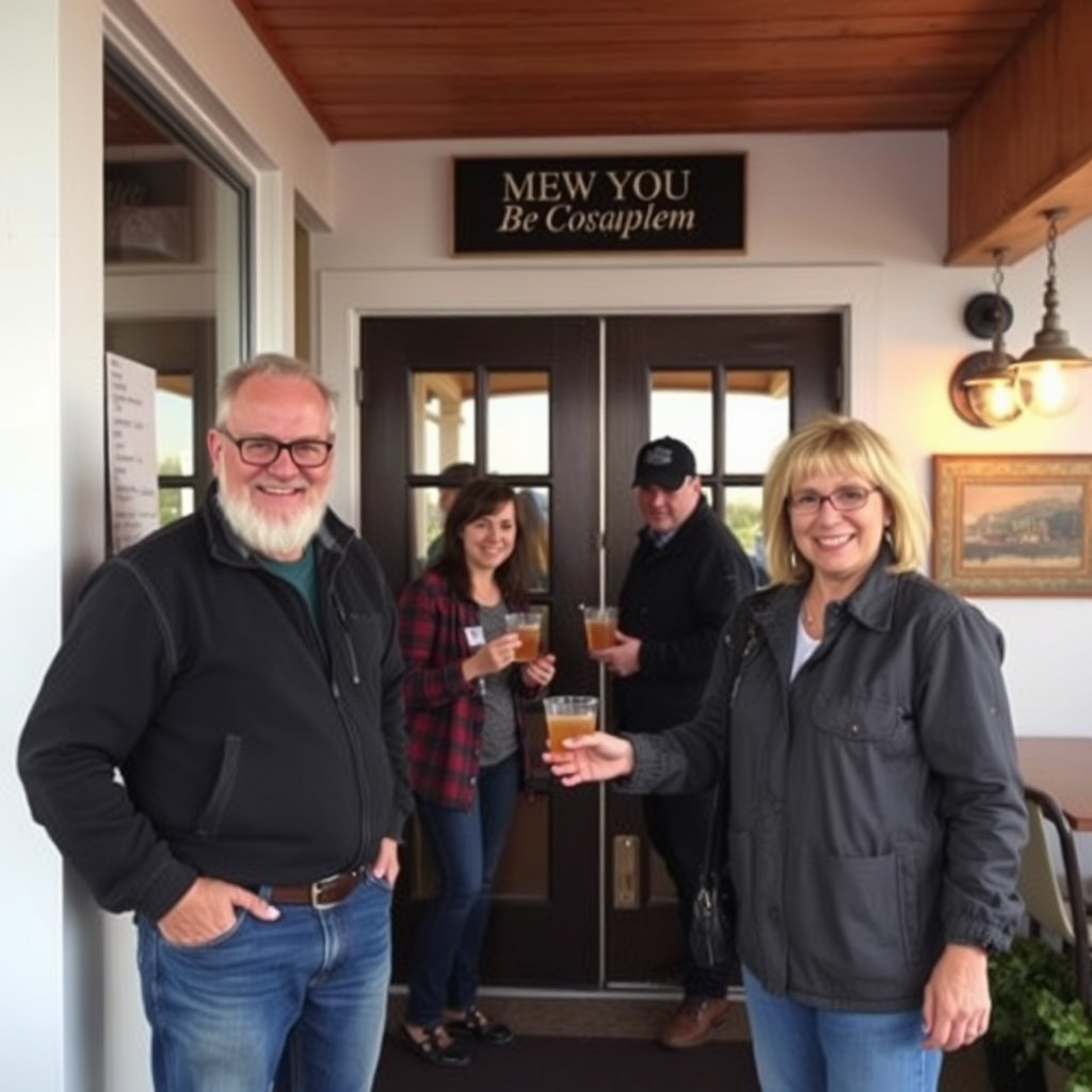 The owners warmly greet new guests to the establishment. Emphasize genuine happiness and hospitality.