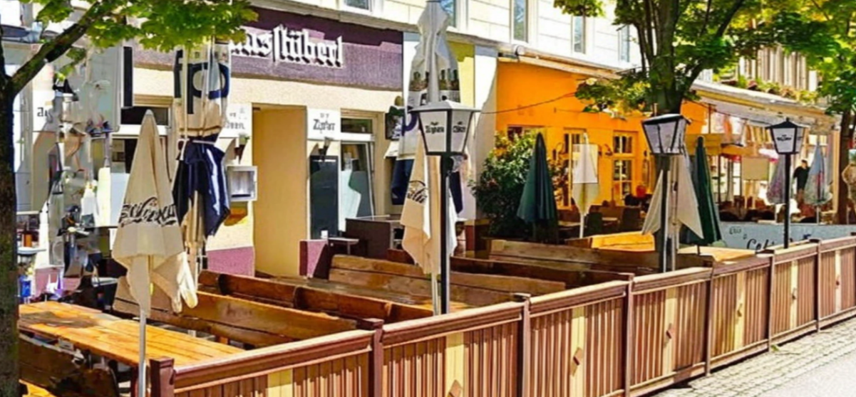 Create a 4K resolution, high-quality image that captures the essence of 'RathausStüberl'. The image should showcase a blend of the interior and exterior spaces. On one side, depict the cozy interior with warm lighting, comfortable seating, and a well-stocked bar. On the other side, show the inviting terrace with patrons enjoying drinks and food. Use a shallow depth of field to focus on a friendly interaction between a waiter and a customer. The color palette should be warm and inviting, emphasizing natural wood tones, soft lighting, and vibrant food colors. Include subtle details such as a chalkboard menu, plants, and traditional decorations. The style should blend rustic charm with a touch of modern elegance. The overall mood should be welcoming, relaxed, and inviting, reflecting the core values of 'RathausStüberl'.
