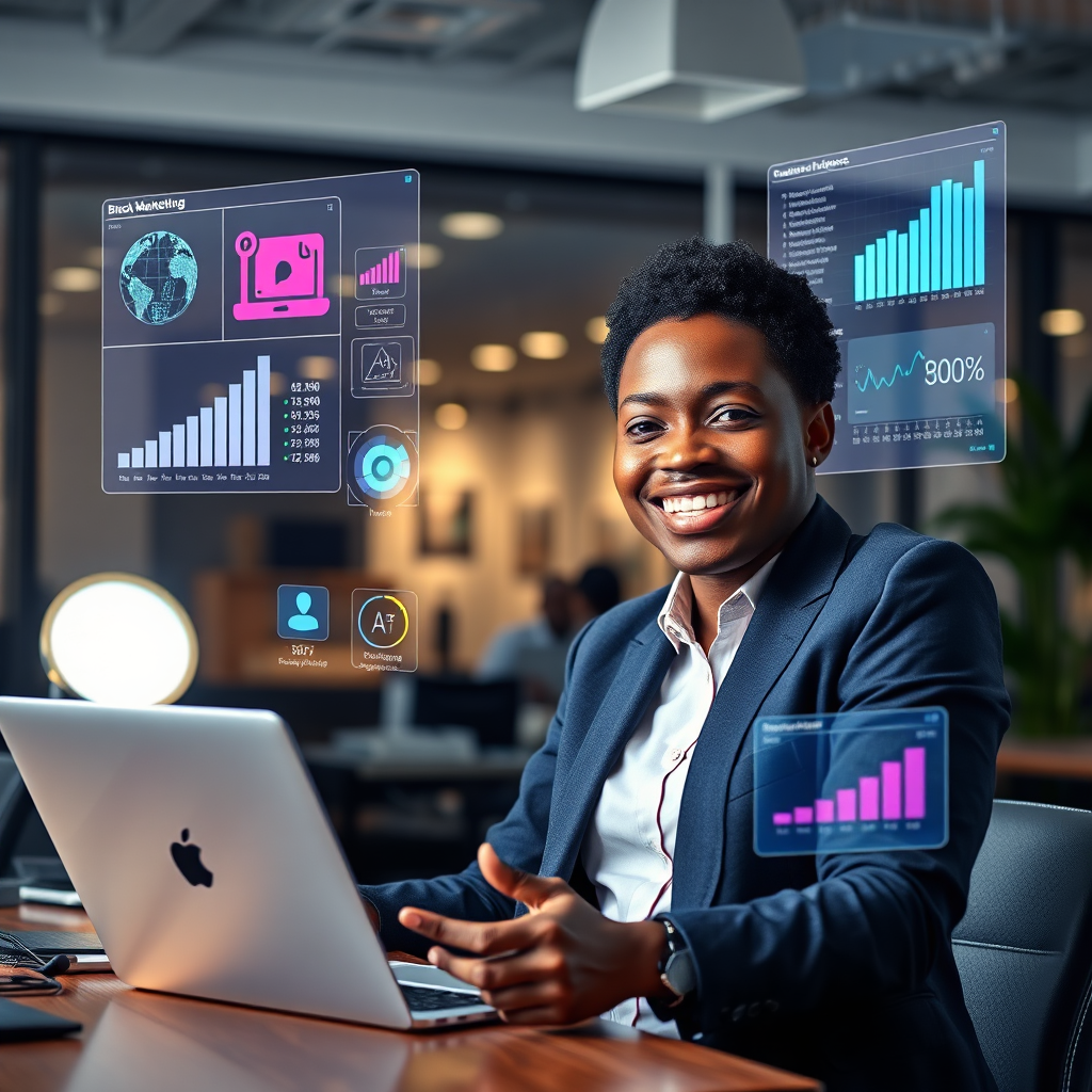 A 4K photorealistic image depicting a Black-owned business using AI-powered marketing tools to reach a wider audience. The setting is a modern office environment with holographic displays showcasing marketing analytics and customer engagement metrics. The lighting is bright and energetic, conveying a sense of innovation and success. The camera angle is a medium shot, capturing the business owner's satisfaction and confidence. Props include laptops, tablets, and marketing analytics dashboards. The style is professional and empowering, demonstrating the effectiveness of AI marketing.