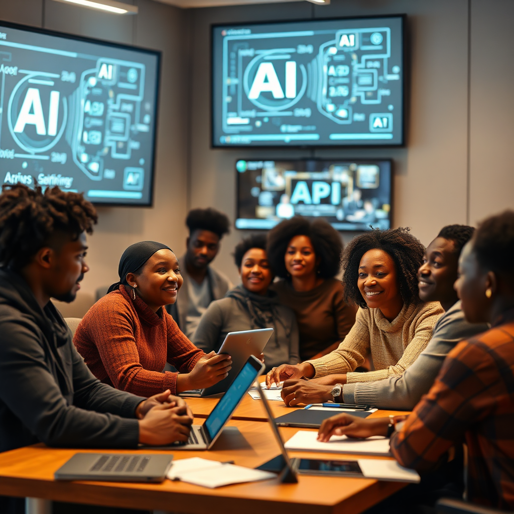 A 4K photorealistic image showing a diverse group of Black individuals of all ages participating in an AI workshop. The setting is a modern, well-equipped classroom with large screens displaying AI concepts. The lighting is warm and inviting, creating a positive learning environment. The composition focuses on the interaction between the participants and the instructor. The camera angle is a medium shot, capturing the expressions of engagement and understanding. Props include laptops, tablets, and AI learning materials. The style is encouraging and empowering, conveying the message of digital inclusion.