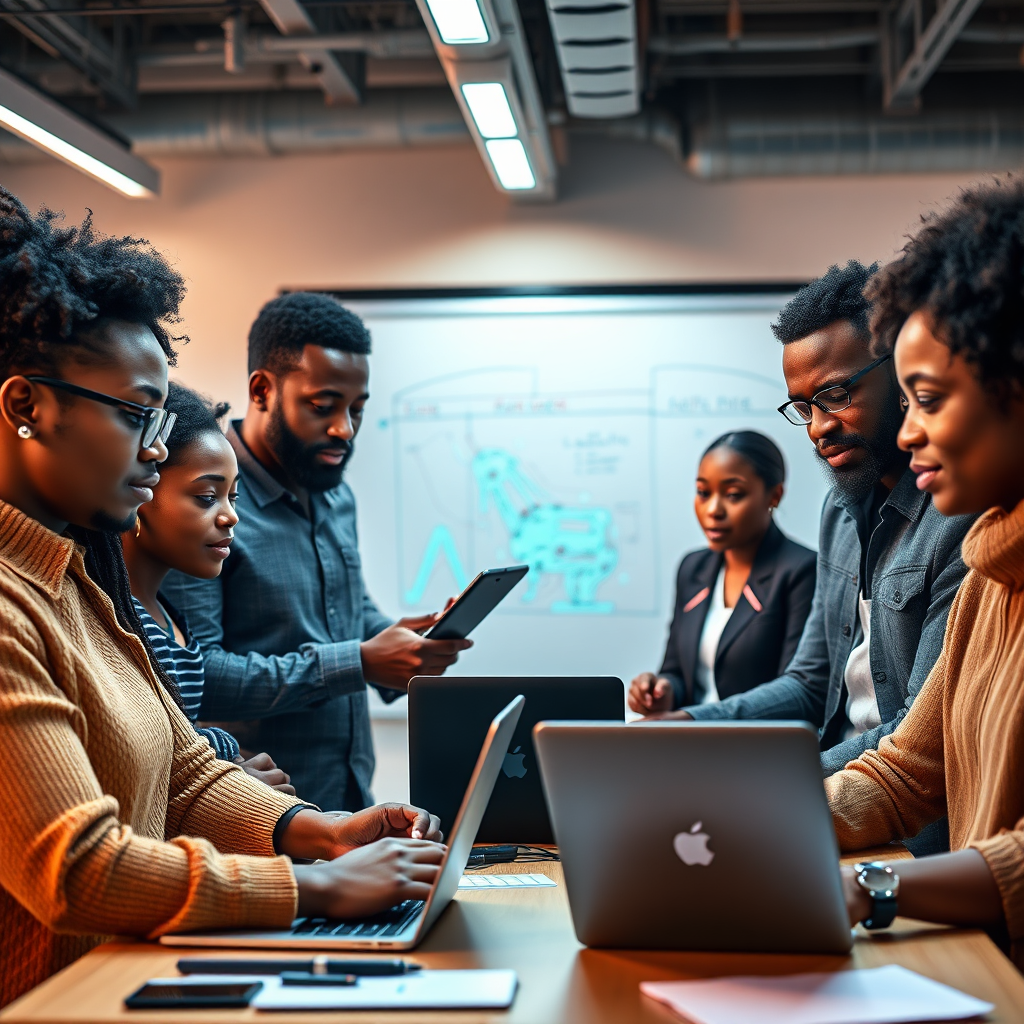 A 4K photorealistic image showcasing a diverse group of young Black professionals working in a modern tech startup environment. The composition should feature individuals collaborating on AI projects, coding, and brainstorming ideas. The lighting is bright and energetic, conveying a sense of innovation and excitement. The camera angle is a medium shot, capturing the teamwork and collaboration. Props include laptops, whiteboards, and AI development tools. The style is inspiring and aspirational, demonstrating the potential for AI-related careers.