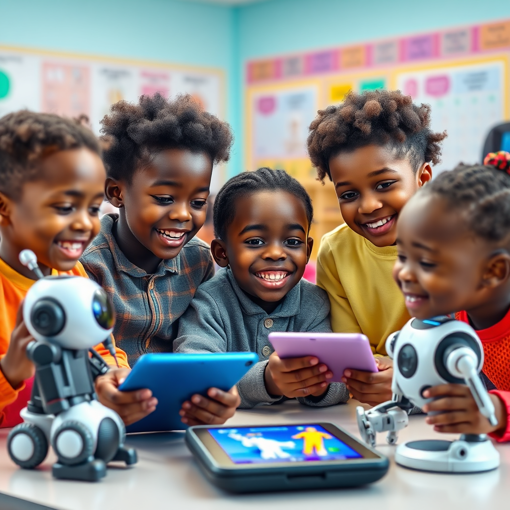 A 4K photorealistic image showing a group of Black children enthusiastically learning about AI through interactive games and activities. The setting is a vibrant and colorful classroom. The lighting is bright and cheerful, creating a positive learning environment. The composition focuses on the children's engagement and excitement. The camera angle is a medium shot, capturing their expressions of wonder and curiosity. Props include robots, tablets, and educational AI games. The style is playful and inspiring, conveying the importance of early AI education.