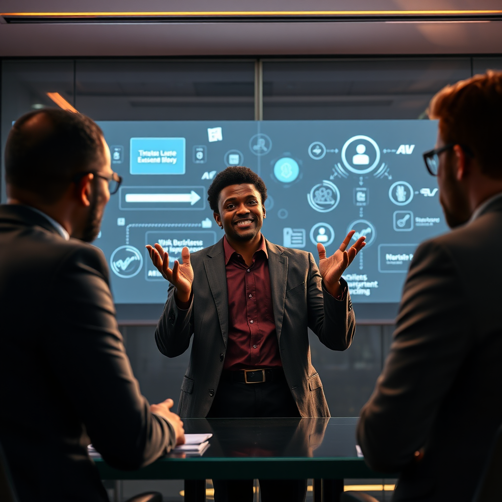 A 4K stylized image depicting a Black entrepreneur pitching an AI-powered business idea to a panel of investors. The setting is a modern conference room with holographic displays showcasing the business concept. The lighting is dramatic and engaging, highlighting the entrepreneur's passion and confidence. The camera angle is a medium shot, focusing on the entrepreneur and the investors. The style is empowering and aspirational, conveying the message of innovation and opportunity. Incorporate elements like a subtle glow around the holographic displays.