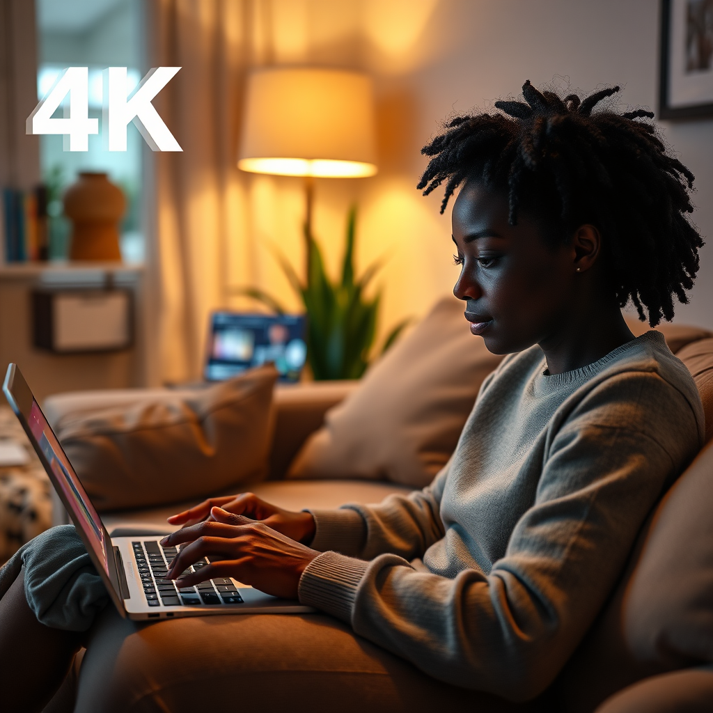 A 4K stylized image showcasing a Black student learning about AI through an interactive online course. The setting is a comfortable and inviting home environment. The lighting is soft and warm, creating a relaxed learning atmosphere. The composition focuses on the student's engagement with the online content. The camera angle is a medium shot, capturing the student's focus and determination. Props include laptops, tablets, and online learning resources. The style is accessible and empowering, conveying the message of lifelong learning and AI education.