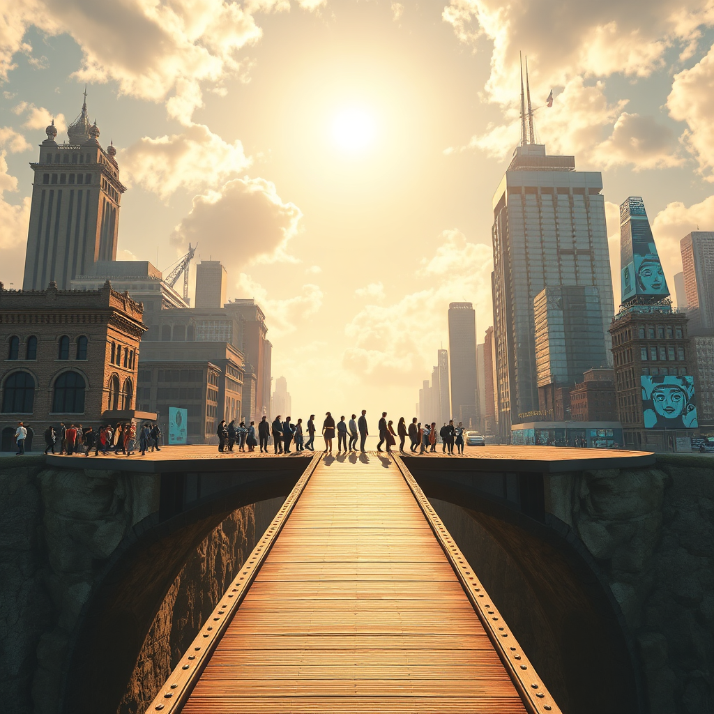 A photorealistic image in 4k resolution illustrating a bridge connecting two landmasses. One landmass represents the historical Black Wall Street with architectural elements reflecting that era. The other landmass is a futuristic city powered by AI, with holographic displays and advanced technology. Diverse people are walking across the bridge, symbolizing the bridging of the AI gap. The sky is bright and optimistic, filled with soft, golden lighting. The composition is balanced and visually appealing, showing the connection between the past and the future. The camera angle is a wide shot, capturing the scale of the bridge and the surrounding environment. The style is hopeful and empowering.