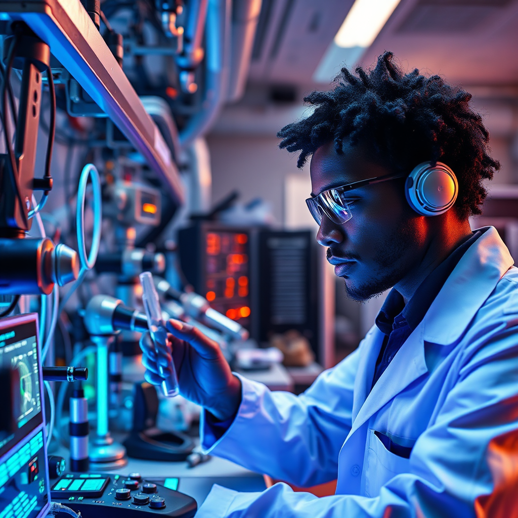 A photorealistic image in 4k resolution showing a Black scientist working in an advanced AI research lab. The lab is filled with complex equipment, holographic displays, and robots. The lighting is a mix of cool and warm tones, creating a sense of technological advancement. The scientist is focused and determined, conducting experiments and analyzing data. The camera angle is a close-up, focusing on the scientist and the advanced equipment. The style is futuristic and inspiring, highlighting the importance of AI innovation and research.