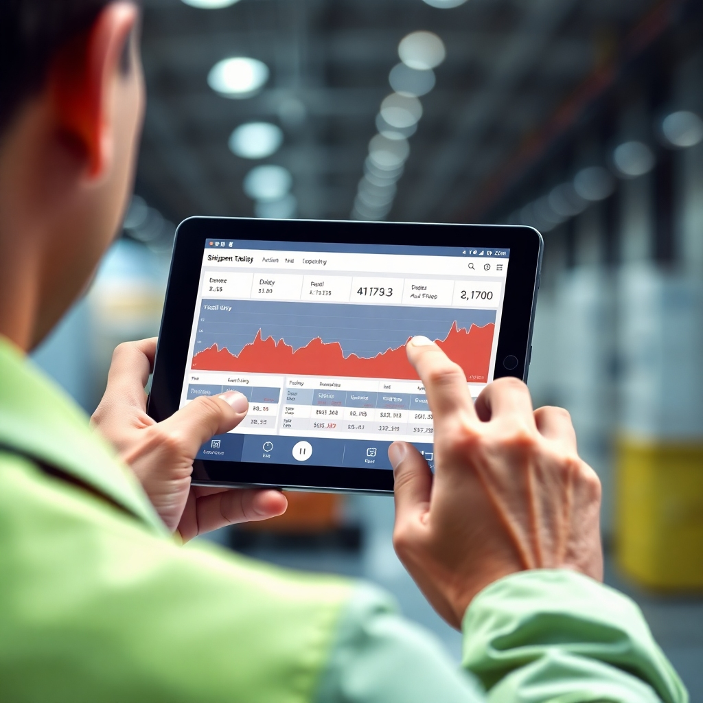A photorealistic image of a person using a tablet computer to monitor shipment tracking. The interface should showcase real-time data and a clean layout.  Bright and clean, high-quality photo. 4K resolution. Style should resemble modern interface design.