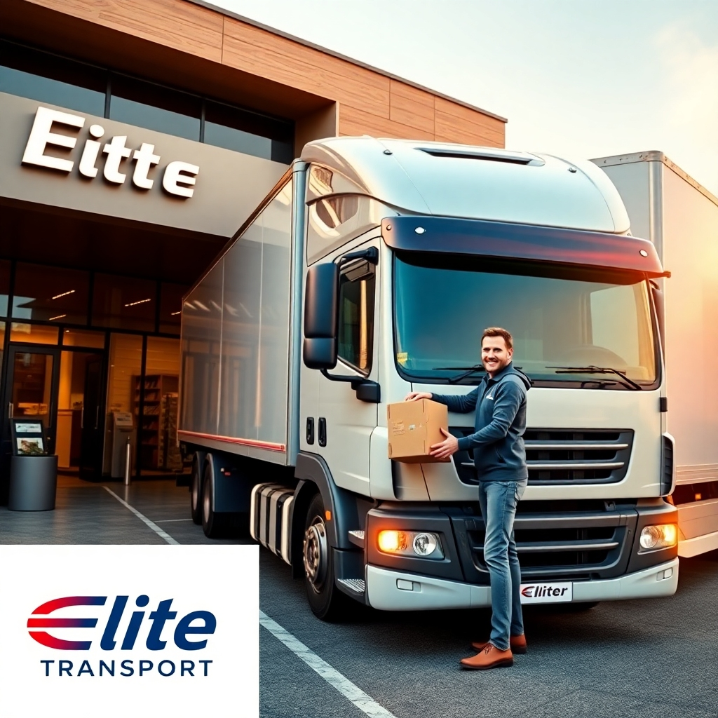 A photorealistic image of a truck arriving at a business location, with a driver handing over a package to a happy customer. Include a clear view of the Elite Transport logo. Warm lighting and positive body language. 4K resolution, high quality.