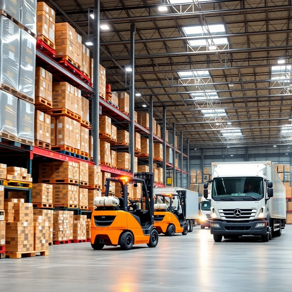 A photorealistic image of a warehouse with well-organized palettes, forklifts moving quickly, and trucks departing. Use bright lighting to show activity and productivity. Emphasize efficiency and organization. Focus on the seamless flow of goods through the warehouse. 4K resolution, high quality. The style should be similar to modern industrial photography.