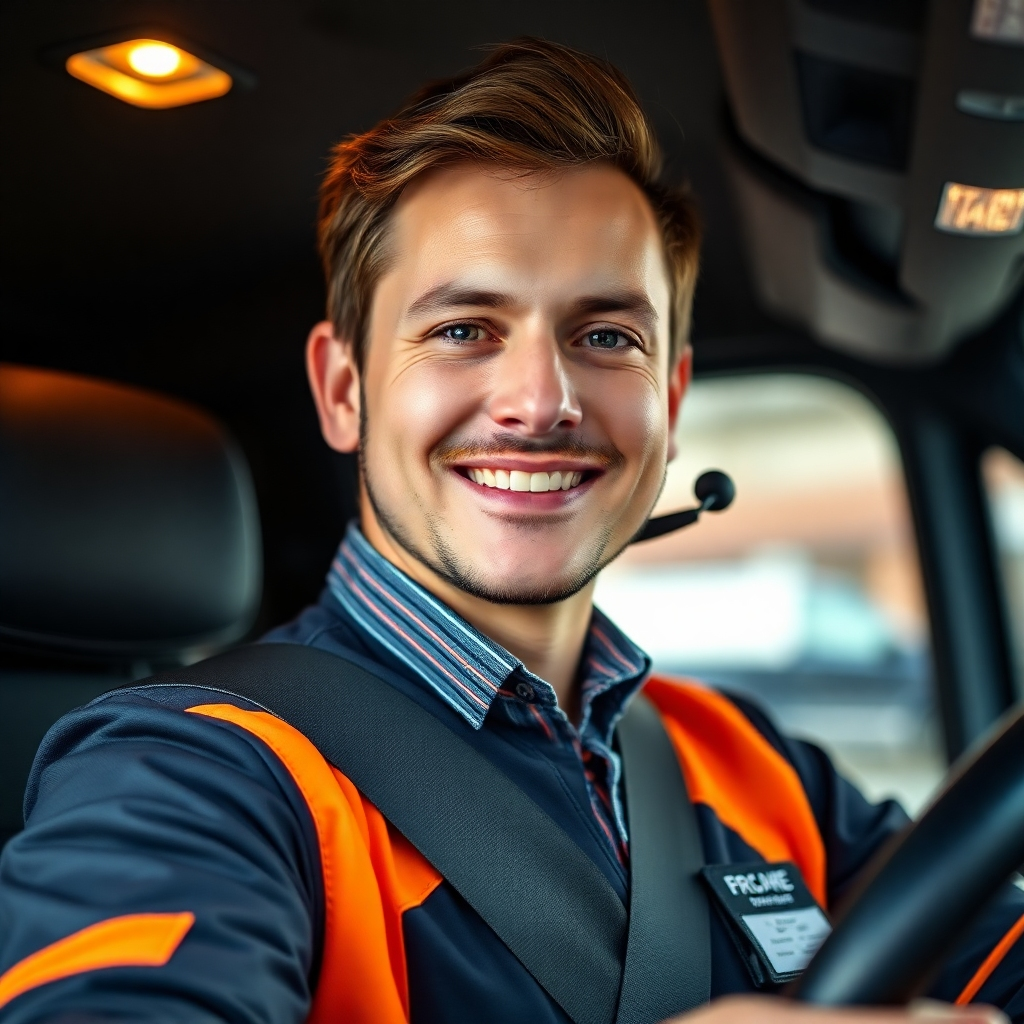 A photorealistic portrait of a professional, friendly Elite Transport driver. The background should be subtly blurred, highlighting the driver. Warm and friendly lighting, 4K resolution, high quality.