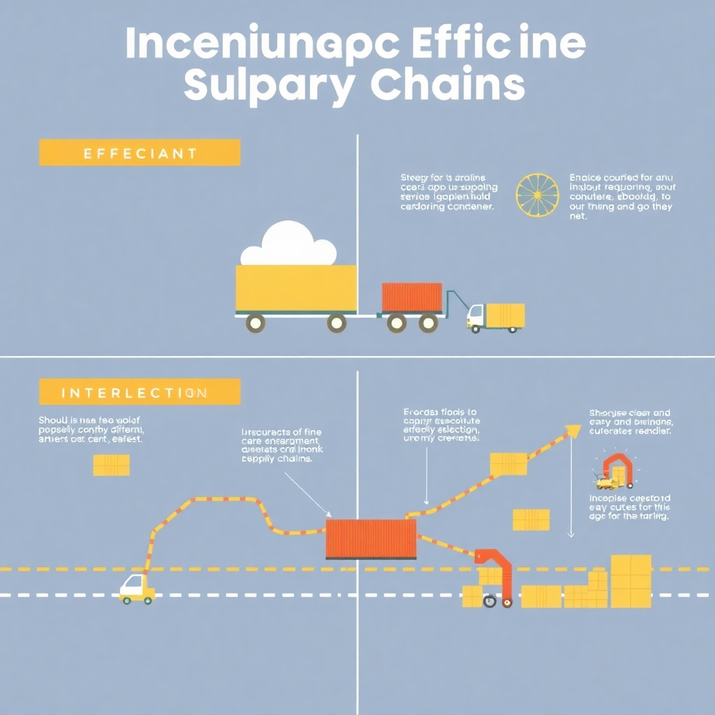A stylized infographic showcasing a comparison between inefficient and efficient supply chains.  The efficient chain should be visually clean and fast, while the inefficient chain should show delays and obstacles. Color-coded to easily highlight the difference.  4K resolution, high quality.