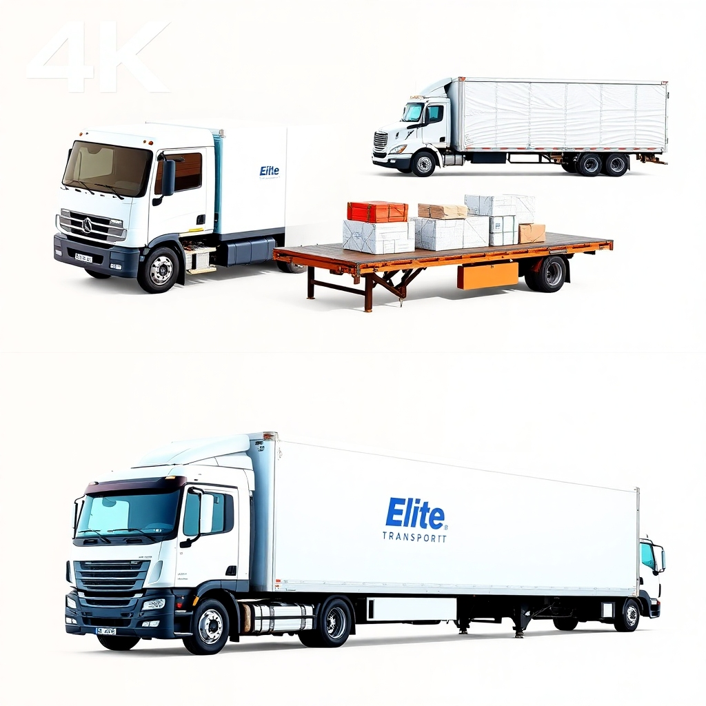 An image showing different types of cargo being transported: a box truck for smaller packages, a flatbed for larger items, and a refrigerated truck for temperature-sensitive goods. Include Elite Transport branding.  4K resolution, high quality.