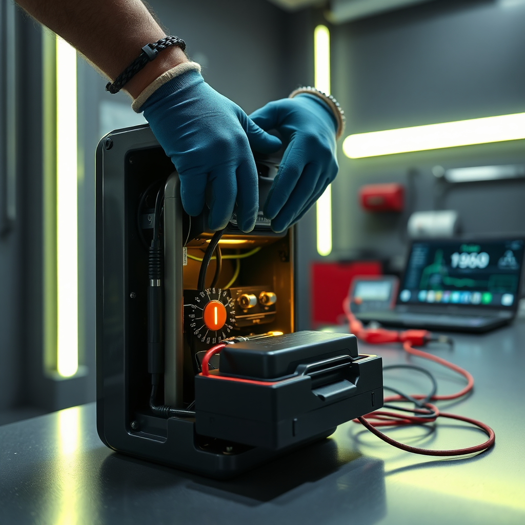 Mechanic performing diagnostics on e-bike battery